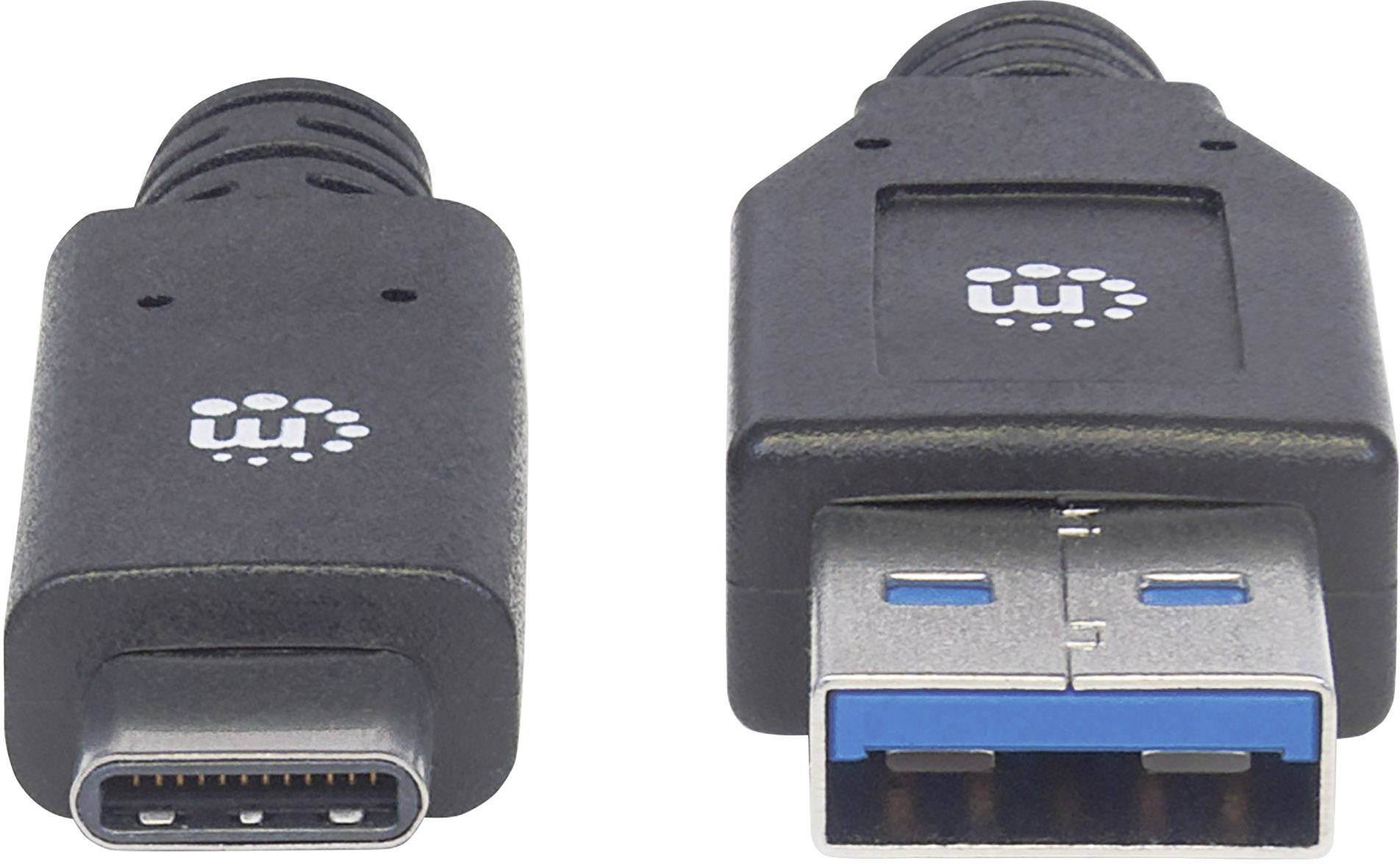 Zwei schwarze USB-Stecker: links ein USB-C-Stecker, rechts ein USB-A-Stecker. Beide haben ein gleiches Logo auf der Oberseite.
