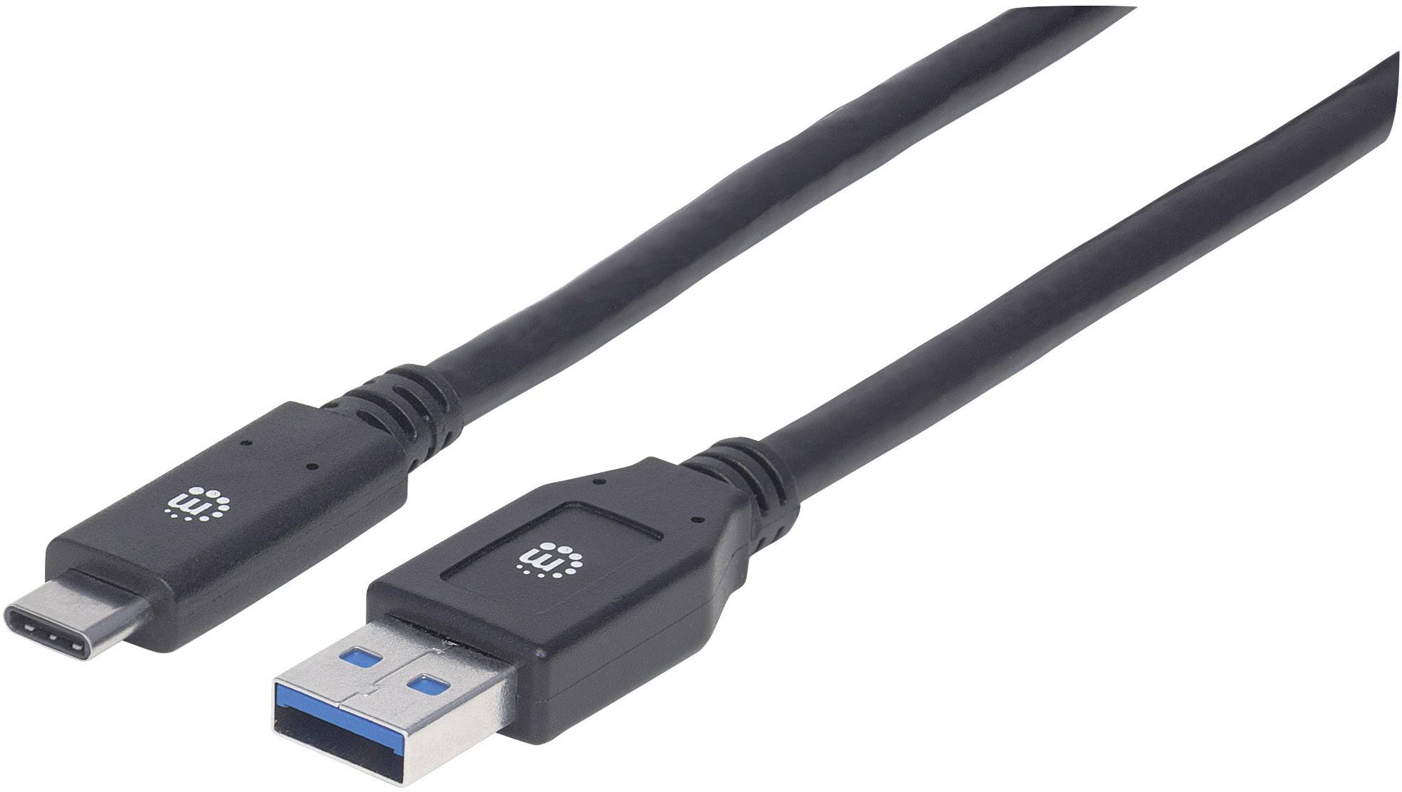 Ein schwarzes Kabel mit einem USB-C-Stecker und einem USB-A-Stecker, das für den Anschluss verschiedener Geräte verwendet wird.