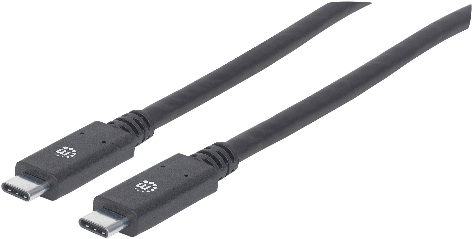 Schwarzes USB-C-Kabel mit zwei Steckern an beiden Enden, geeignet zum Schnellladen und zur Datenübertragung bei kompatiblen Geräten.