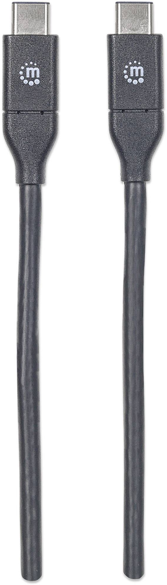 Ein schwarzes USB-C-Kabel mit zwei identischen Steckern an beiden Enden, geeignet für Lade- oder Datenübertragungszwecke.