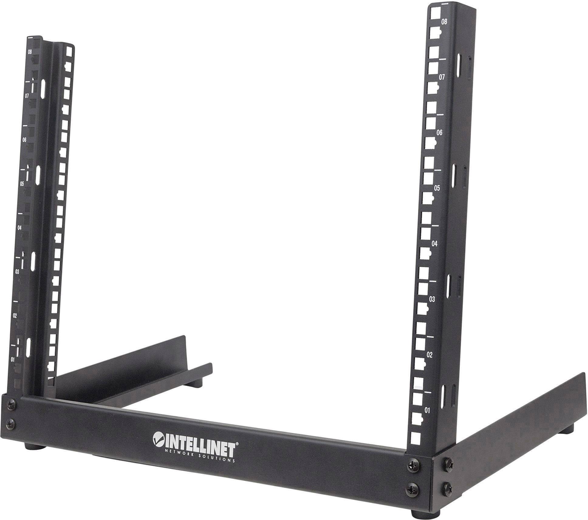 Offenes, schwarzes Server-Rack mit 'Intellinet'-Aufschrift, vertikal montiert mit nummerierten Höheneinheiten auf beiden Seiten.