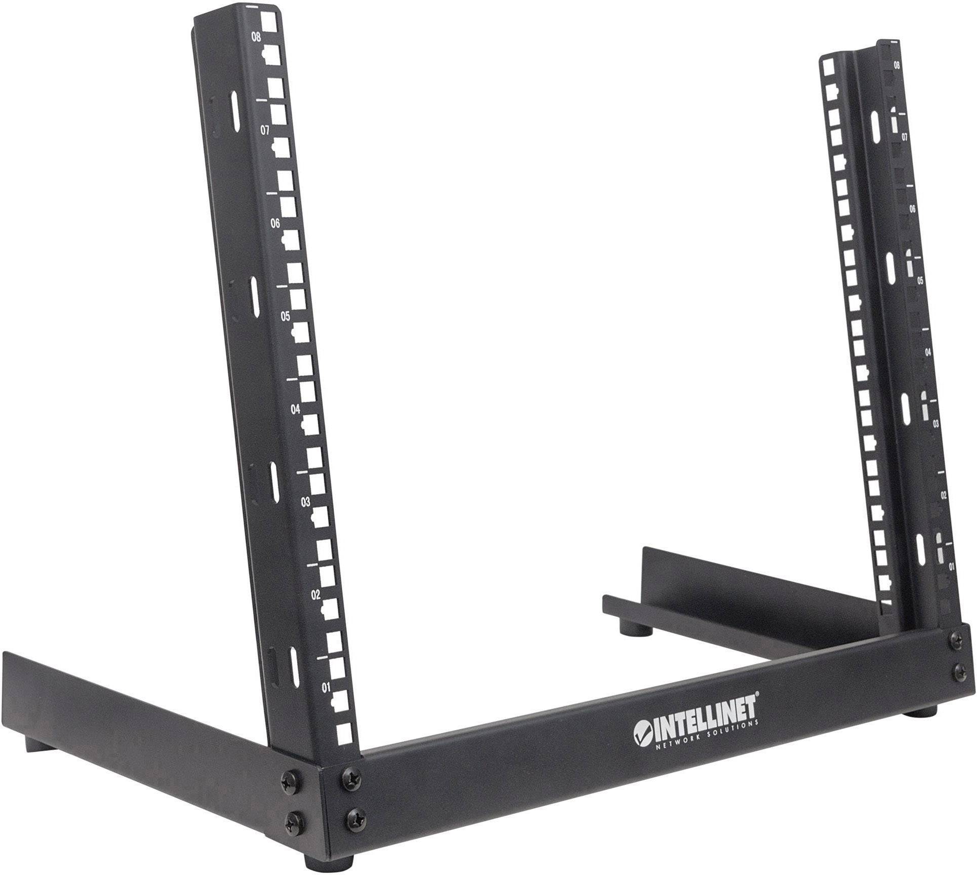 Ein schwarzes, offenes Desktop-Rack mit dem Logo 