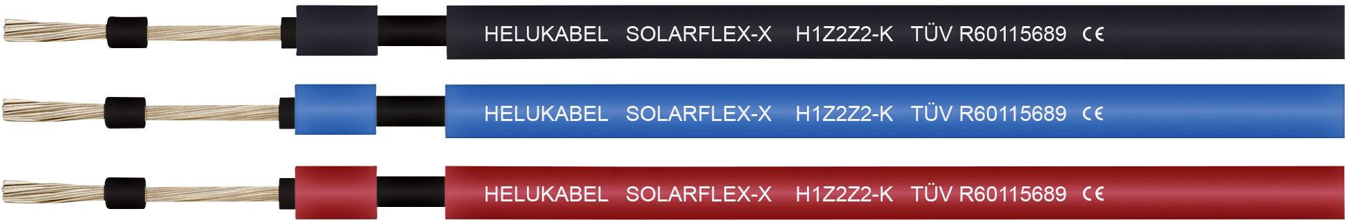 Drei Helukabel 'SOLARFLEX-X' mit Farbcodierung: schwarz, rot und blau, kennzeichnen elektrische Kabel zur Solaranwendung.