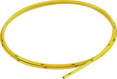 Gelber Kunststoffschlauch in Kreisform, gleichmäßig aufgerollt. Verwendet für Flüssigkeits- oder Gasdurchfluss in technischen Anwendungen.