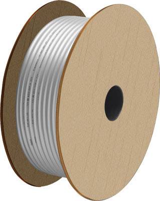 Große Kabeltrommel aus Pappe mit aufgewickeltem silberfarbenem Kabel.