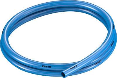 Ein blauer Pneumatikschlauch von Festo, aufgerollt, für Druckluftsysteme.