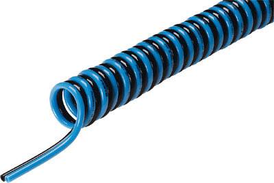 Eine blaue, spiralförmige Kabelhülle in schlanker Form.
