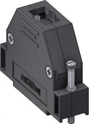 Schwarzer elektrischer Klemmenblock mit Schrauben und Befestigungen, geeignet für die Verbindung von Kabeln in industriellen Anwendungen.