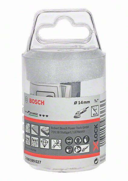 Bormaschinen-Zubehör in einer transparenten Verpackung mit Bosch-Logo; enthält Keramik-Bit von Ø 14 mm, geeignet für X-Lock-System.