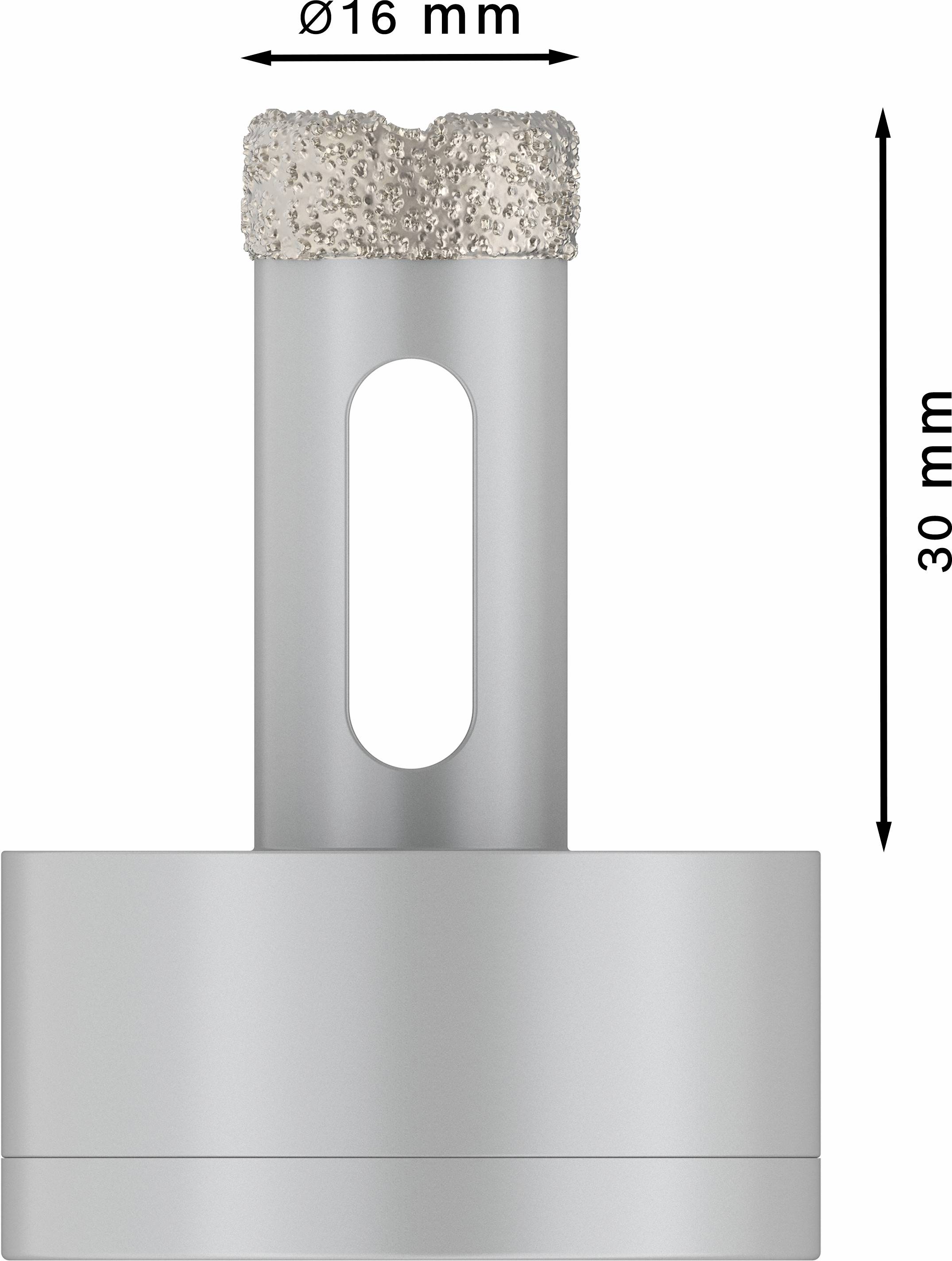 Bild eines Bohrers: Durchmesser 16 mm, Länge 30 mm. Der Bohrer hat eine silberfarbene Beschichtung und eine diamantähnliche Spitze.