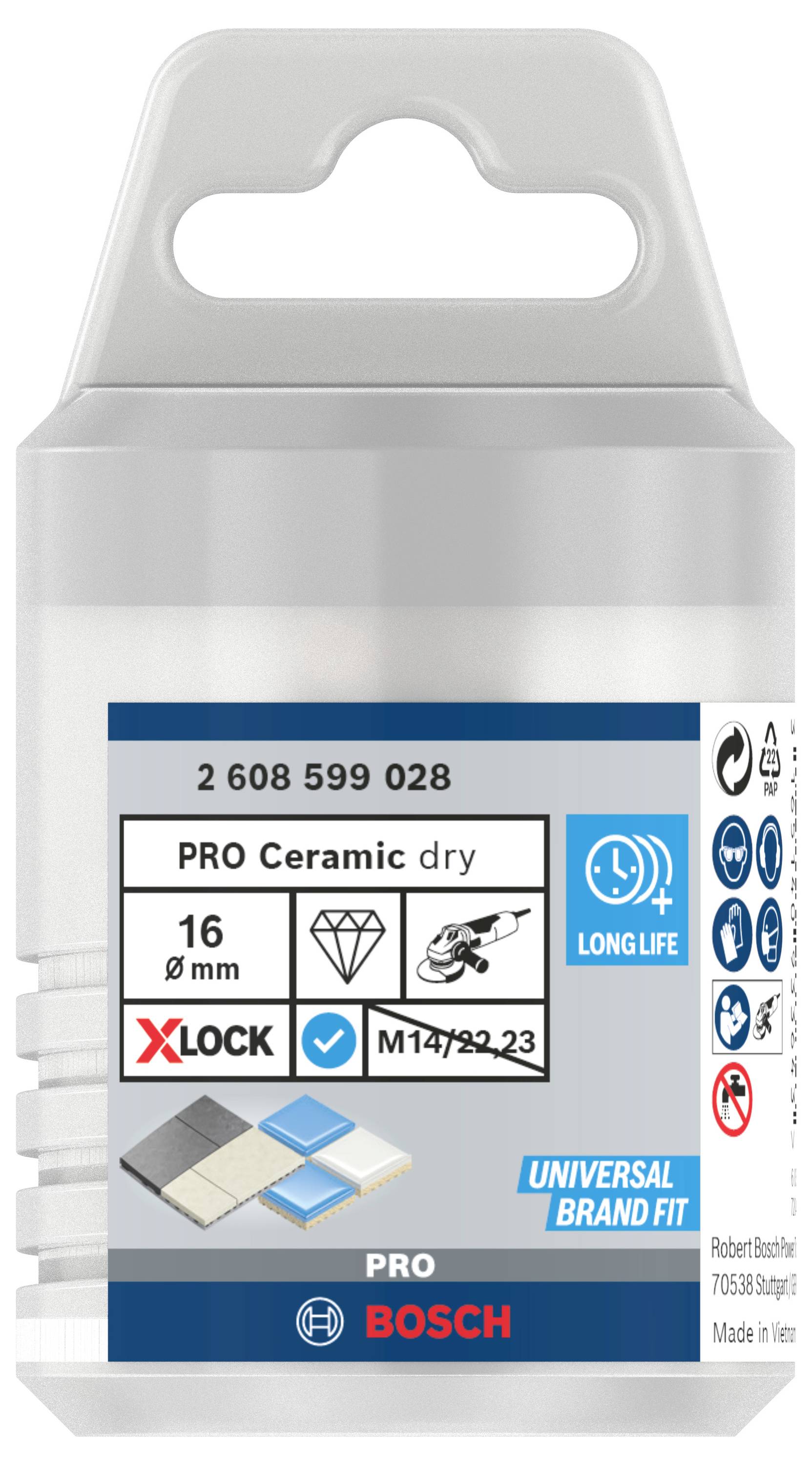 'Bosch PRO Ceramic dry' Diamant-Bohrkrone, 16 mm, XLOCK-Anschluss. Geeignet für Fliesen; langlebig, universelle Markenkompatibilität.