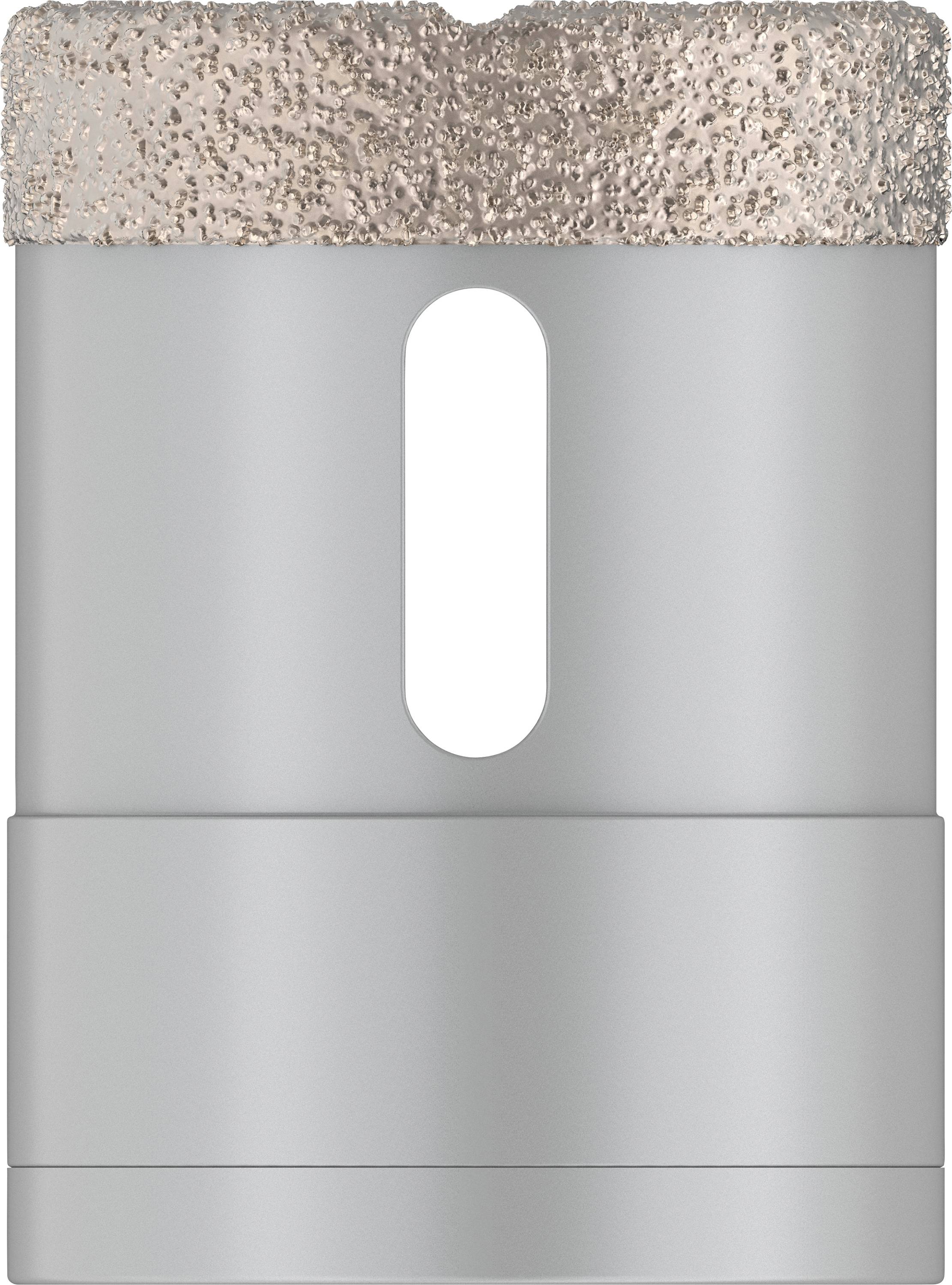 Silberner runder Bohraufsatz mit körniger Spitze für präzises Bohren in Beton oder Fliesen.