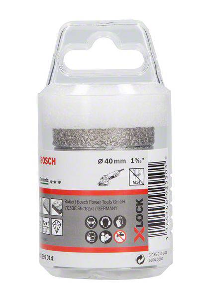 Verpackung eines Schleifwerkzeugs der Marke Bosch mit X-Lock-System, 40 mm Durchmesser, geeignet für Keramik. Enthält technische Symbole.