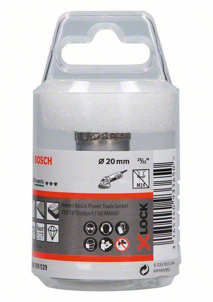 Verpackung eines Bosch-Diamant-Lochsägeaufsatzes. Zeigt Marke, Produktname, Maße 20 mm, und Details zur Anwendung und Montage.