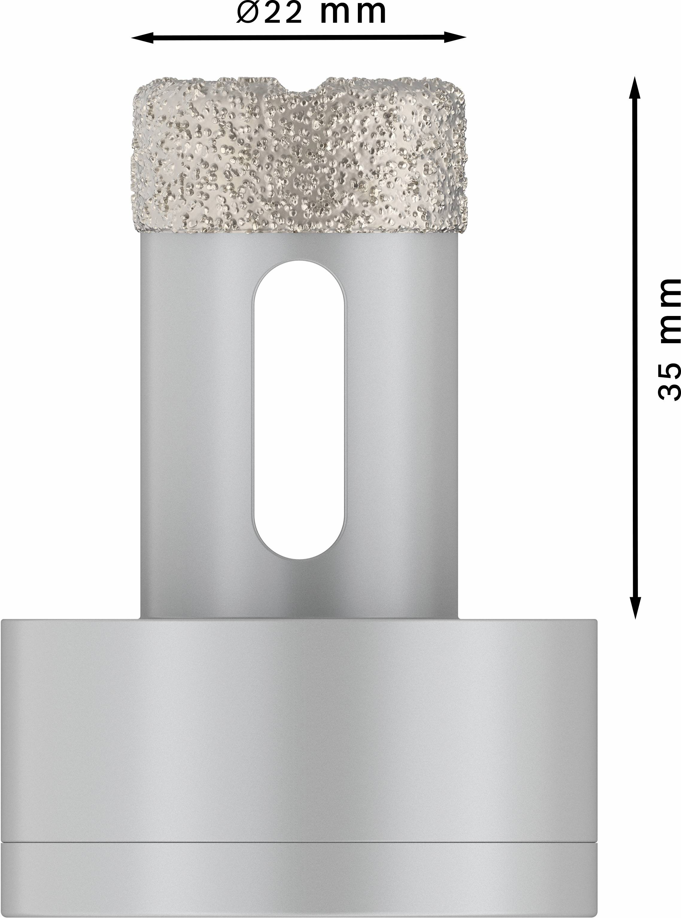 Bohrer mit diamantbeschichtetem Kopf, Durchmesser 22 mm, Höhe 35 mm, geeignet für Fliesenbearbeitung.