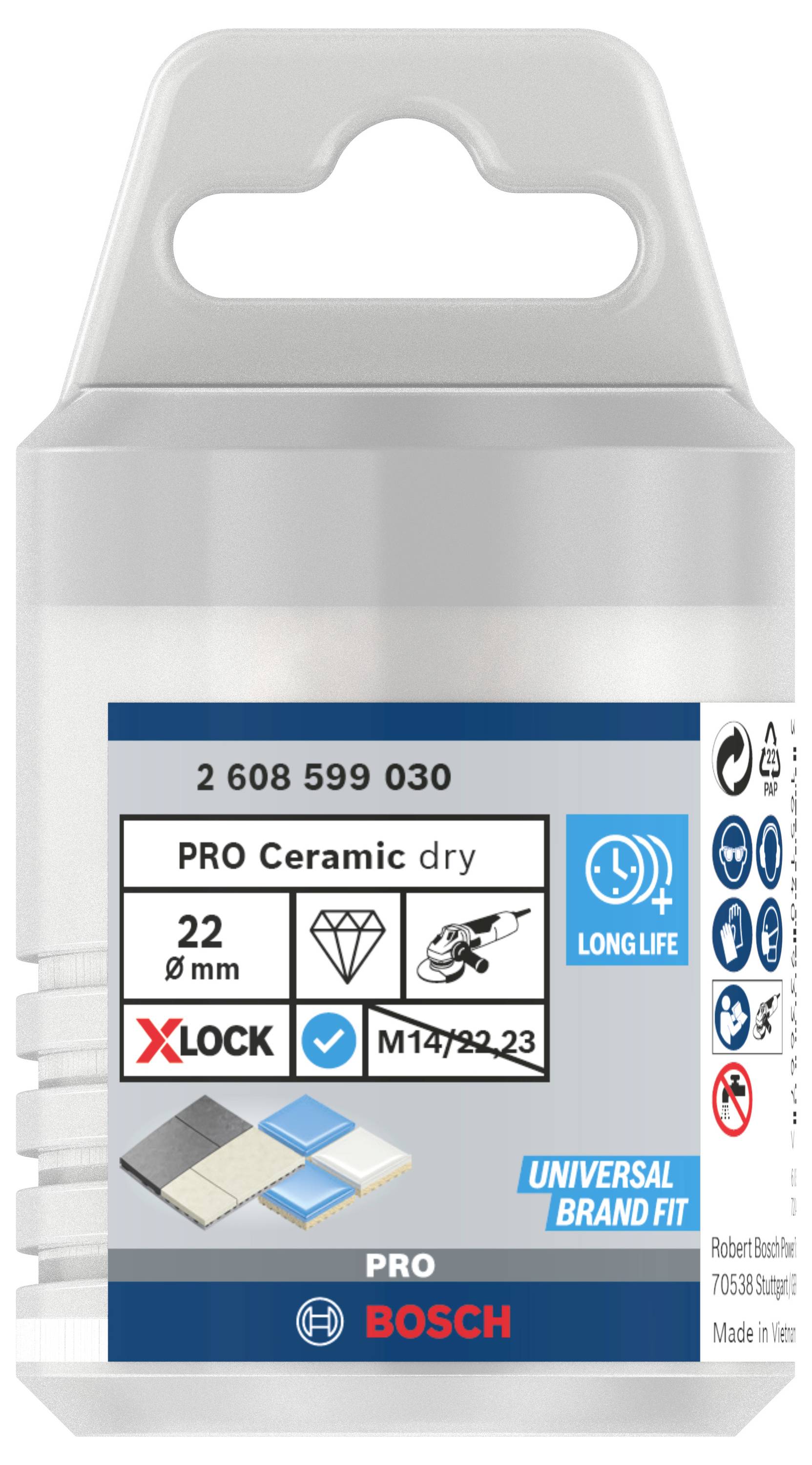 Produktverpackung für einen Bosch PRO Ceramic Fliesenschneideraufsatz. Merkmale: 22 mm Durchmesser, X-LOCK, lange Lebensdauer.