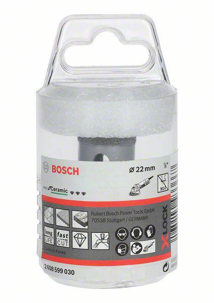 Verpackte Bosch X-LOCK Trennscheibe für Keramik, Durchmesser 22 mm. Enthält Symbole für Material und Gebrauch. Hergestellt in Korea.