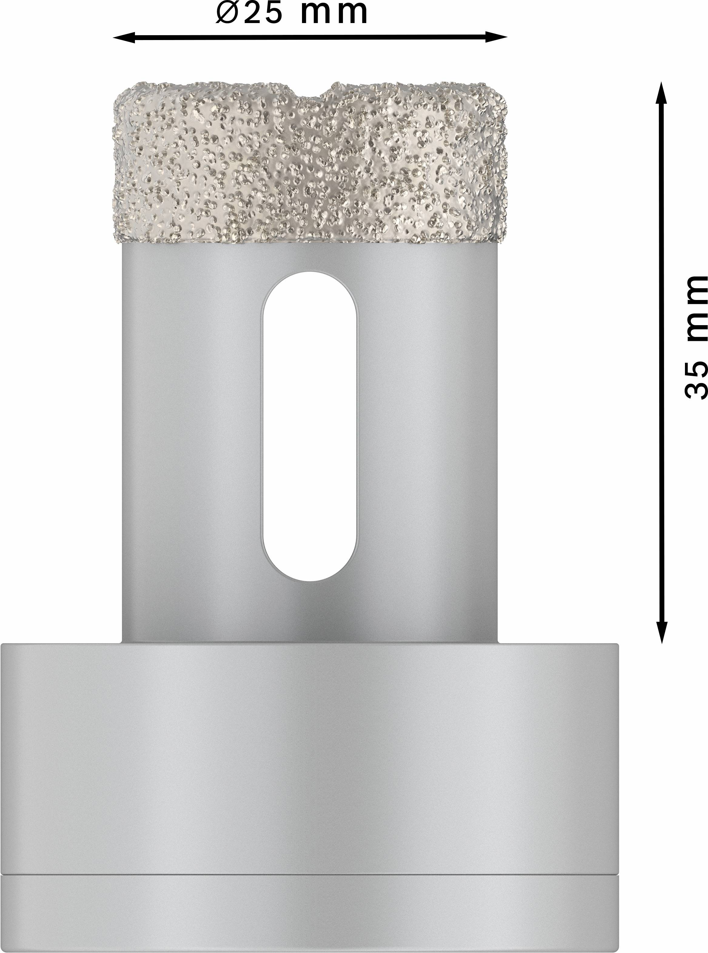 Metallzylinder mit 25 mm Diamantbeschichtung am oberen Rand, 35 mm hoch. Seitlicher Schlitz für Befestigung. Maßpfeile enthalten.