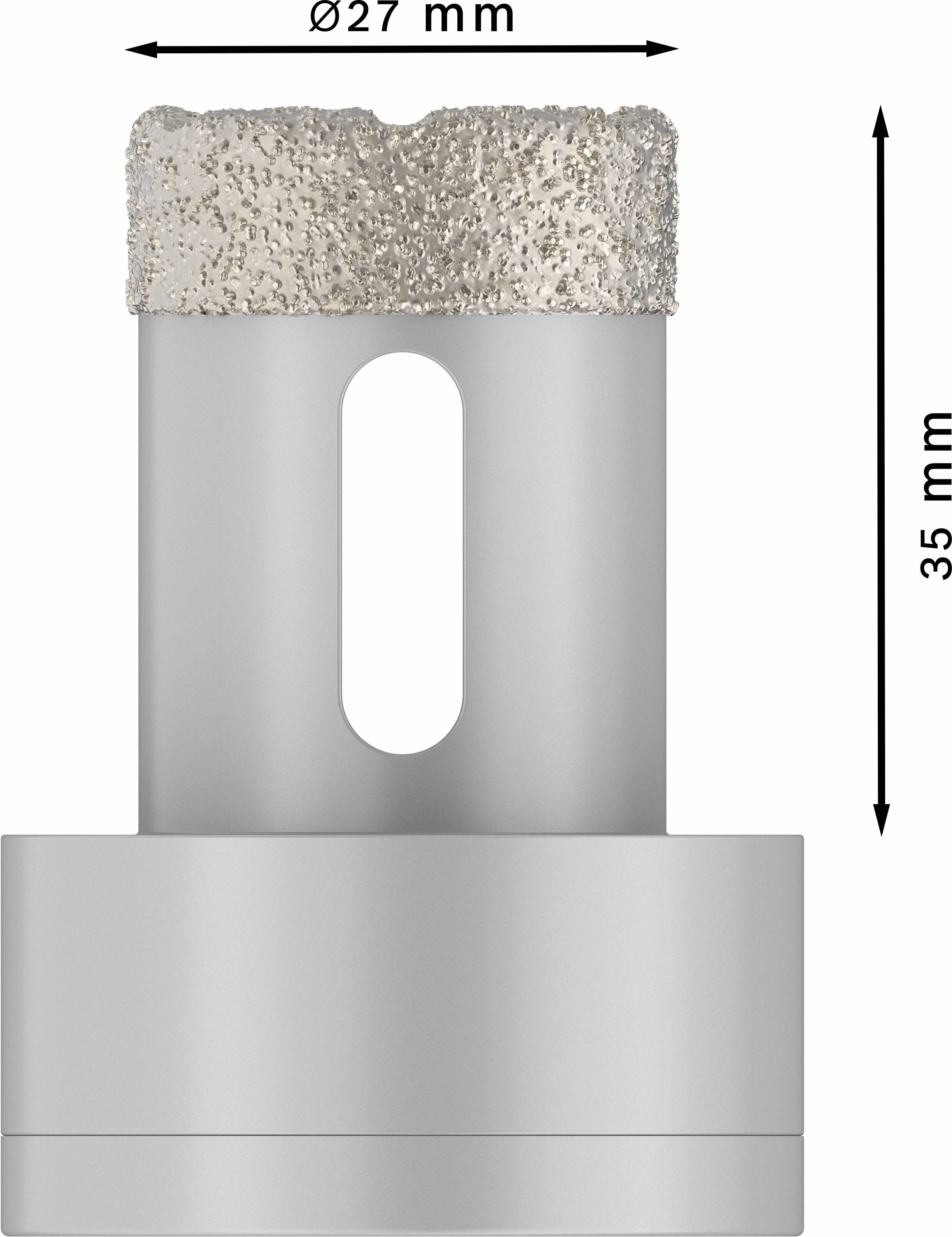 Bohrer mit diamantbeschichteter Spitze, Durchmesser 27 mm, Höhe 35 mm, geeignet für präzises Bohren in harte Materialien.