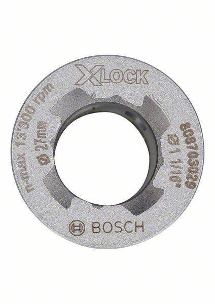 'Bosch X-Lock' Schleifscheibenhalter ohne Scheibe, silberfarben, Aufdruck mit technischen Spezifikationen und Logo.