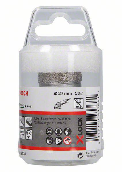 'BOSCH X-LOCK' Fliesenbohrer, 27 mm Durchmesser, für Keramik; Aufbewahrungshülse mit Produktinformationen und Barcode.