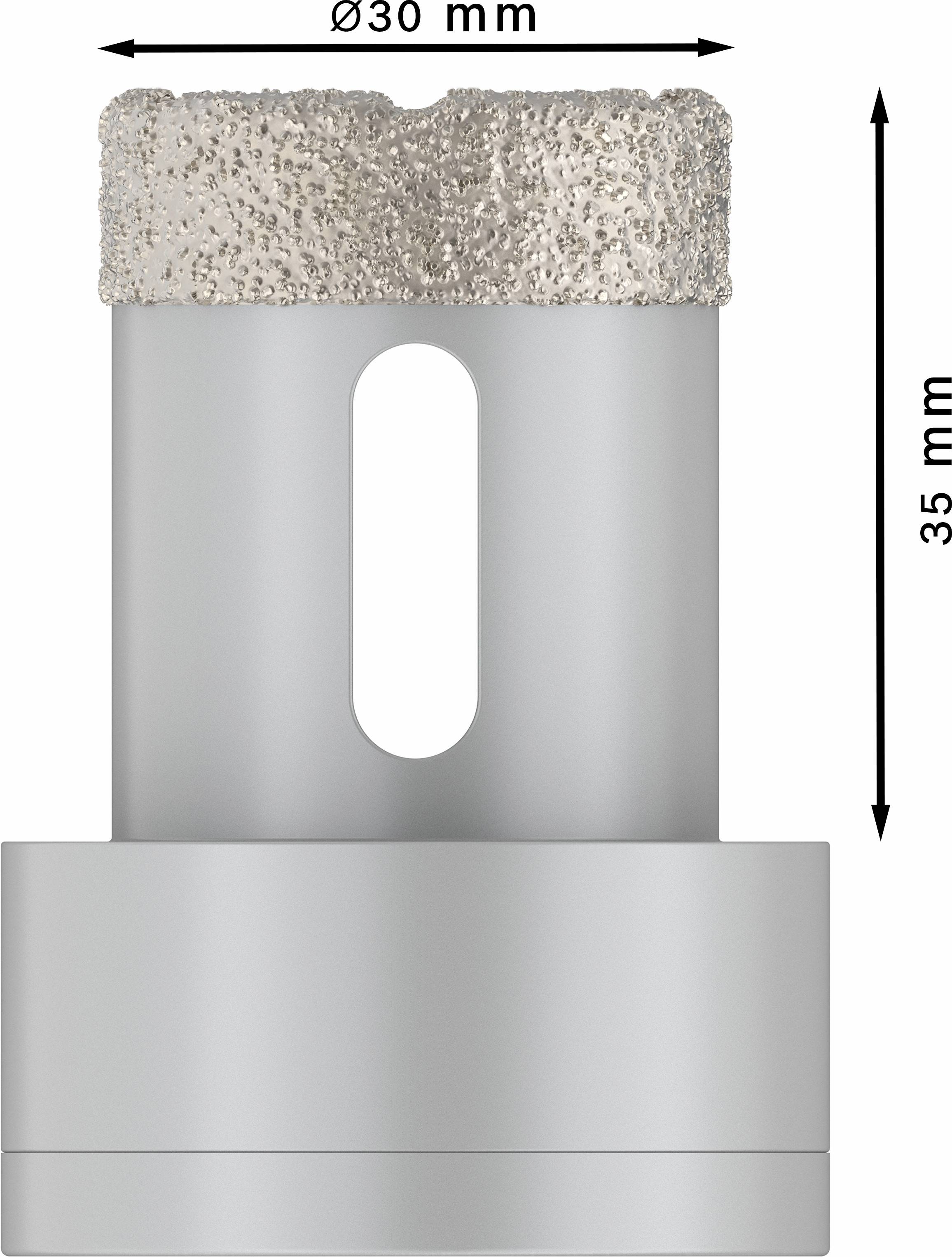 Metallbohrer mit einem Durchmesser von 30 mm und einer Höhe von 35 mm. Die obere Kante hat eine raue, körnige Textur.