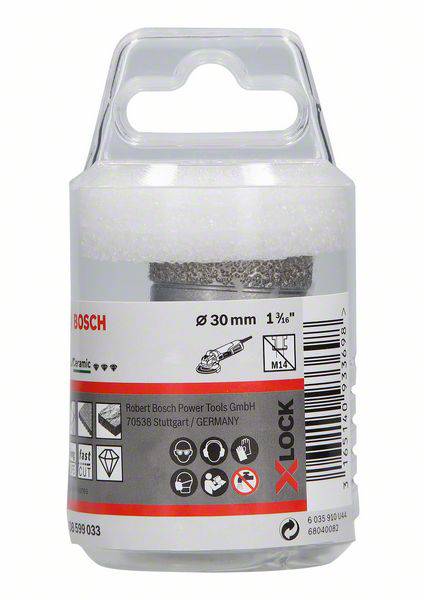 Diamantbohrer-Verpackung 'Bosch' mit 30 mm Durchmesser. Eignet sich für Fliesen. Herstellungsdetails und Piktogramme sichtbar.