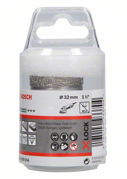 Verpackung eines Bosch Diamantbohrers, 32 mm Durchmesser, mit X-LOCK System. Geeignet für Keramik. Enthält Symbole zur Verwendung.
