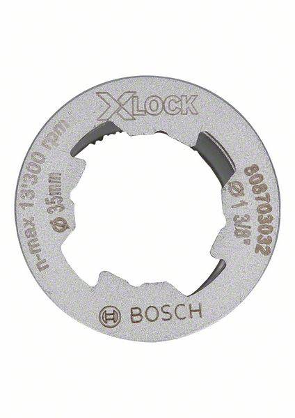Metallscheibe mit der Aufschrift 'X Lock' in der Mitte, umgeben von technischen Details wie Drehzahl 'max 13,300 rpm', Durchmesser '95 mm', und Herstellername 'BOSCH'.