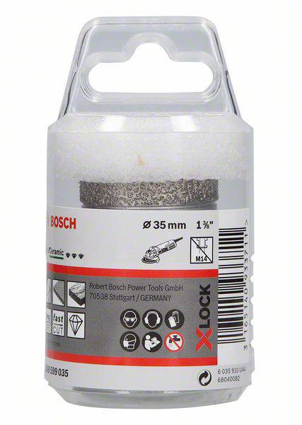 Ein Schleifzubehör von Bosch mit 35 mm Durchmesser, geeignet für Keramikbearbeitung. Enthält Logos für kompatible Werkzeuge und Anwendungshinweise.
