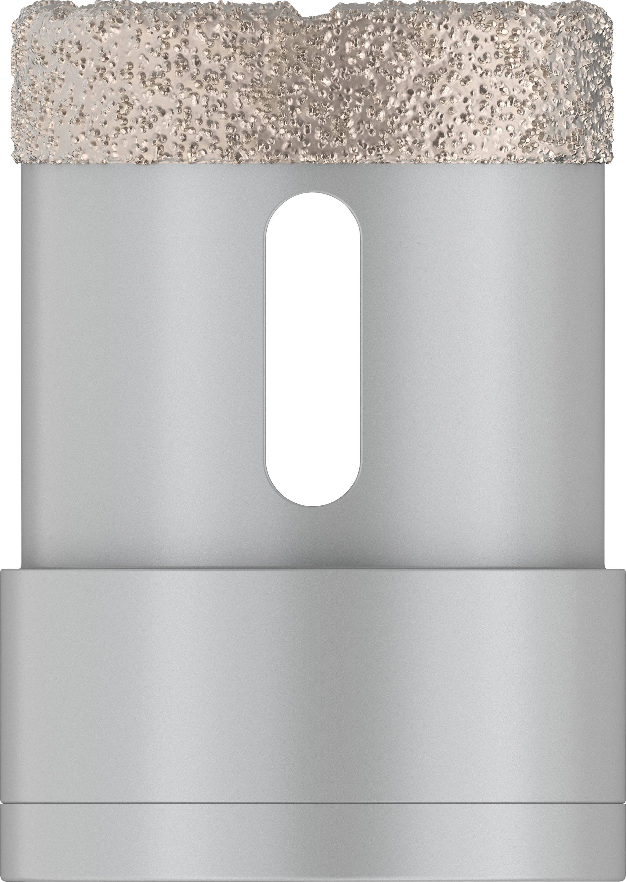 Grauer Bohrkopf mit grober diamantbeschichteter Schneide oben, zylindrische Form mit zentralem Loch in der Mitte.