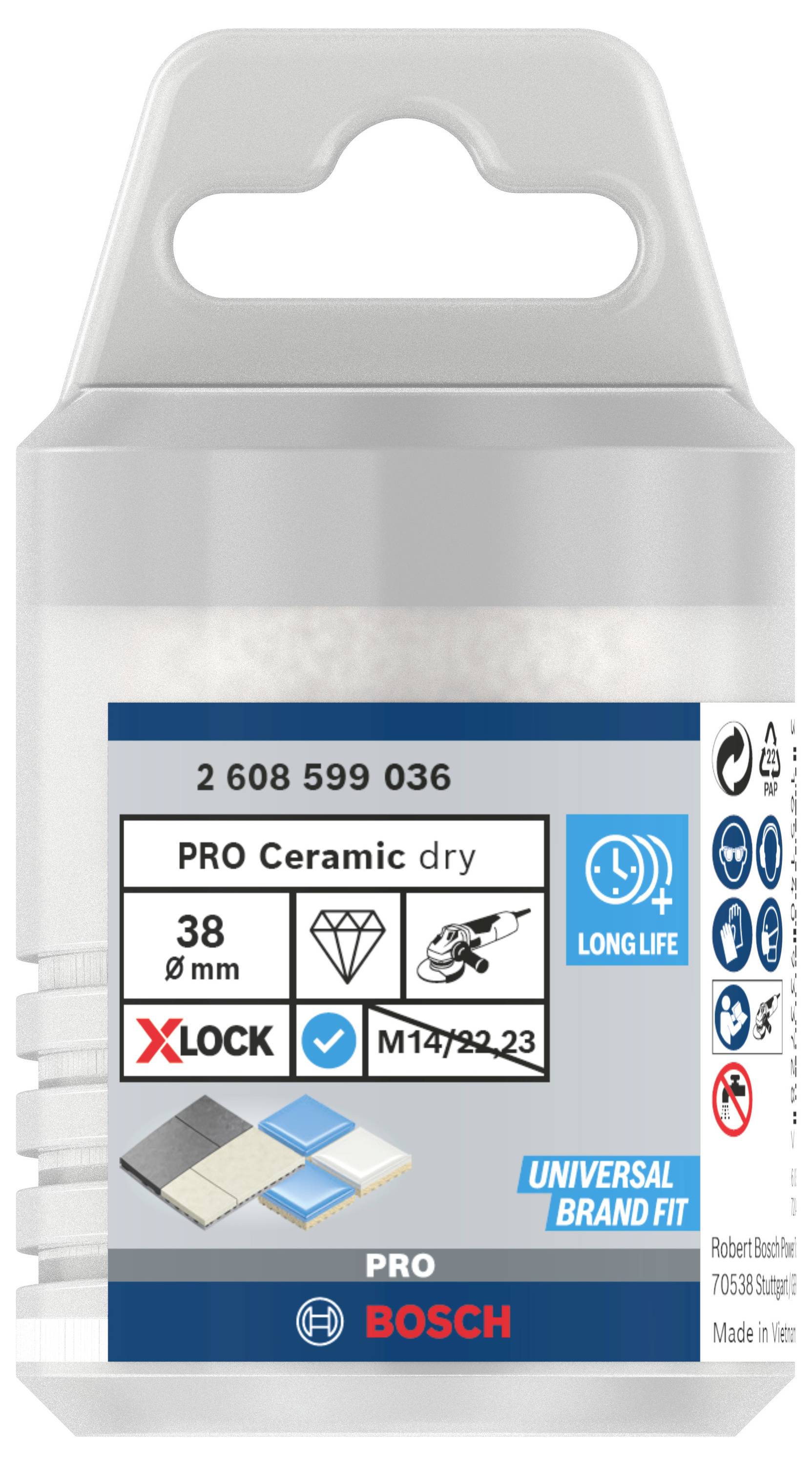 Verpackung einer 'PRO Ceramic dry' Diamantscheibe von Bosch, Durchmesser 38 mm, für M14 Systeme, mit X-LOCK kompatibel.