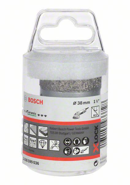 Bohrerzubehör im transparenten Behälter. Hauptmarke: Bosch. Durchmesser: 38 mm. Geeignet für Keramik. Enthält Symbole für Kompatibilität und Anwendungen.