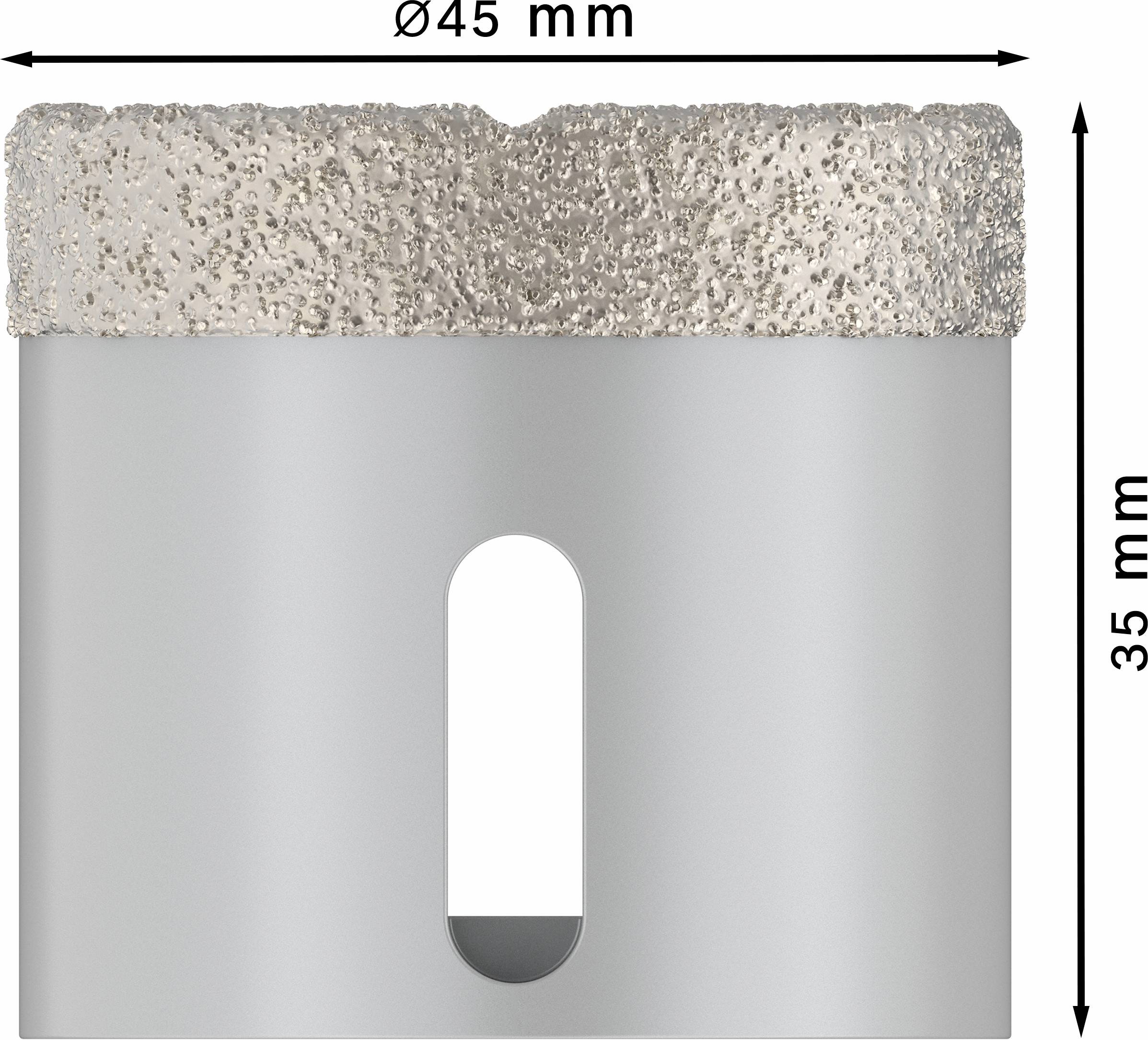 Bohrkrone mit Durchmesser von 45 mm und Höhe von 35 mm. Betonoberfläche oben.