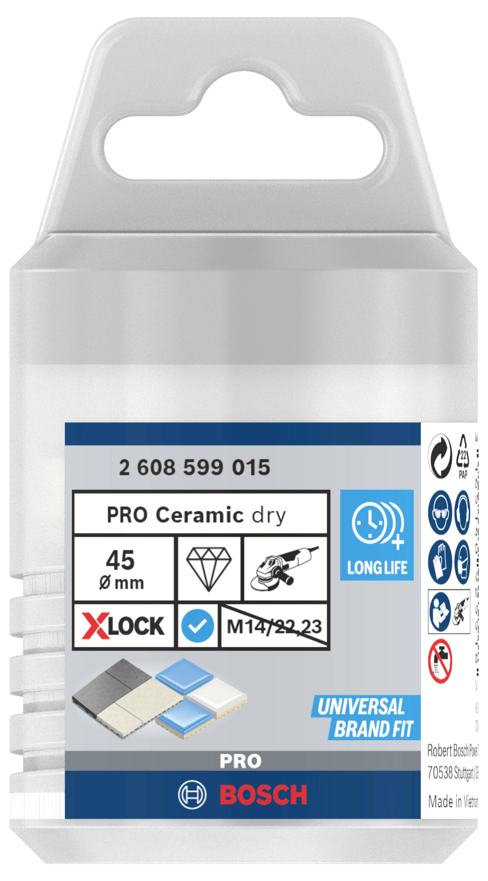 Verpackung eines PRO Ceramic Trockenschneideblatts von Bosch, geeignet für 45 mm Scheiben, mit X-LOCK System und langer Lebensdauer.