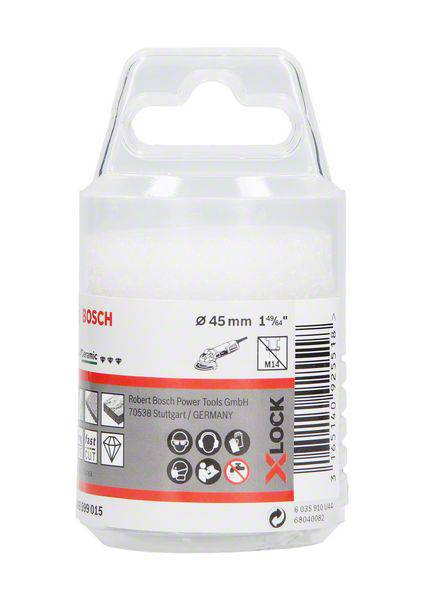 'Bosch' Etikett auf einer Produktverpackung mit technischen Details und Firmendaten.