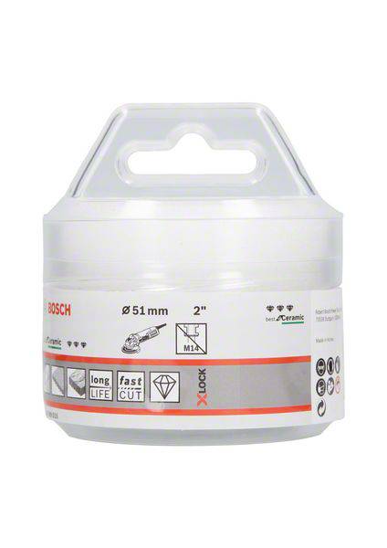 'Bosch-Lochsäge für Keramik': Weißer Plastikbehälter mit einer Lochsäge von 51 mm Durchmesser, geeignet für schnelles Schneiden und lange Lebensdauer. Markenlogo und Produktsymbole sind sichtbar.