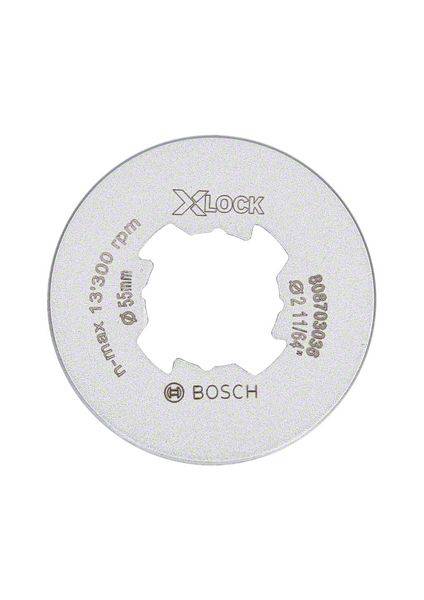 Eine silberne Scheibe von Bosch mit X-LOCK-Aufnahme, geeignet für Trennscheiben mit max. 13.300 U/min und 22,1 mm Durchmesser.
