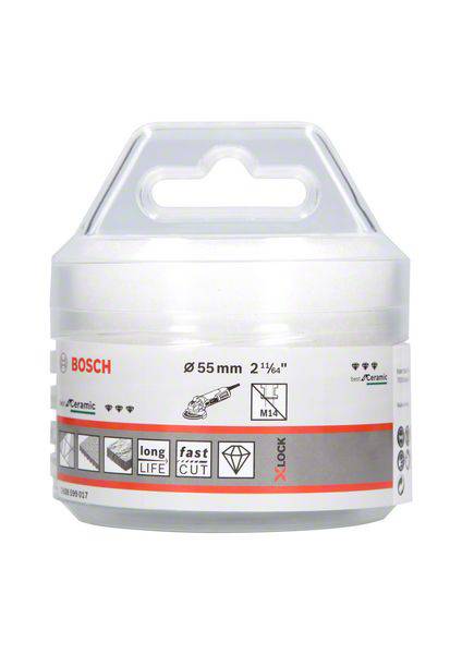 Eine Bosch-Verpackung für einen 55 mm X-Lock Diamantbohrer, geeignet für Keramik. Merkmale: lange Lebensdauer, schneller Schnitt.
