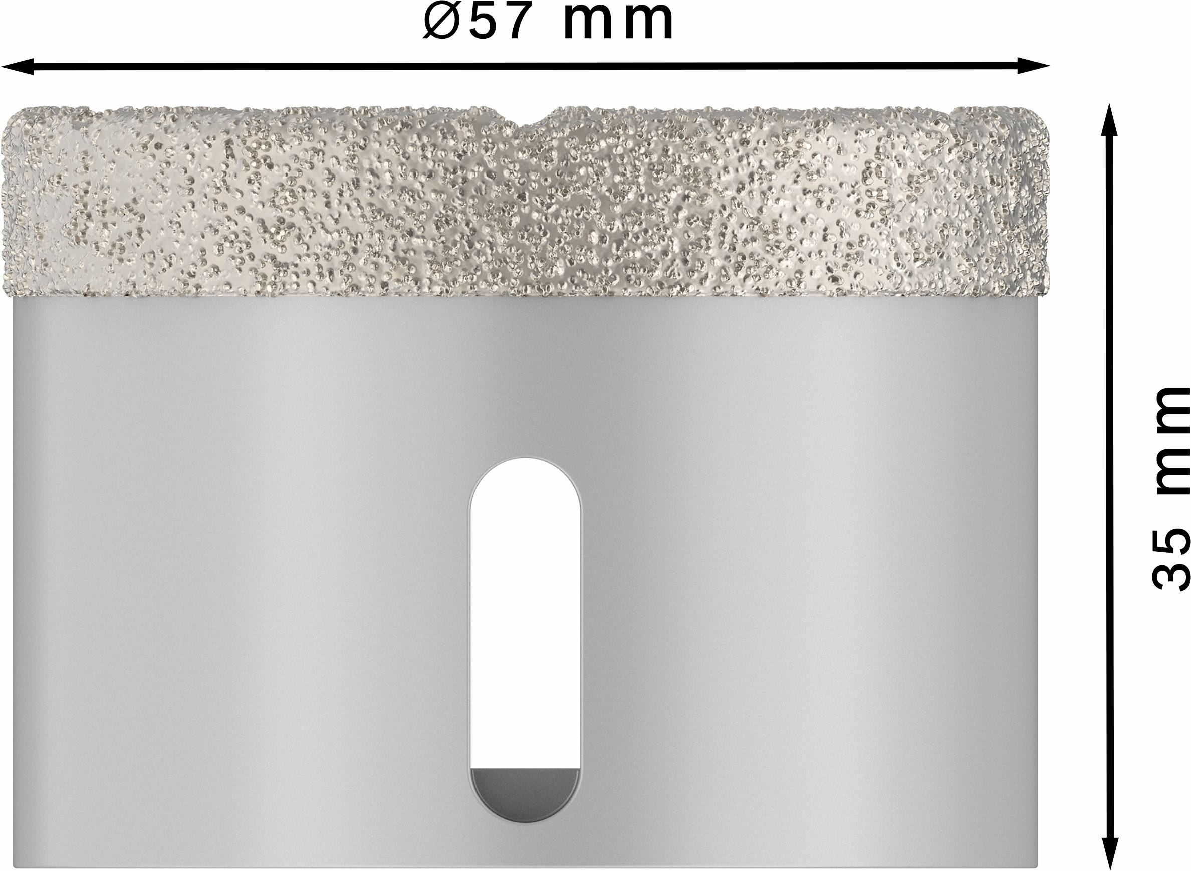 'Diamantbohrkrone Ø 57 mm, 35 mm Höhe.' Schaft mit Aussparung sichtbar. Geeignet für Bohrarbeiten in harte Materialien.