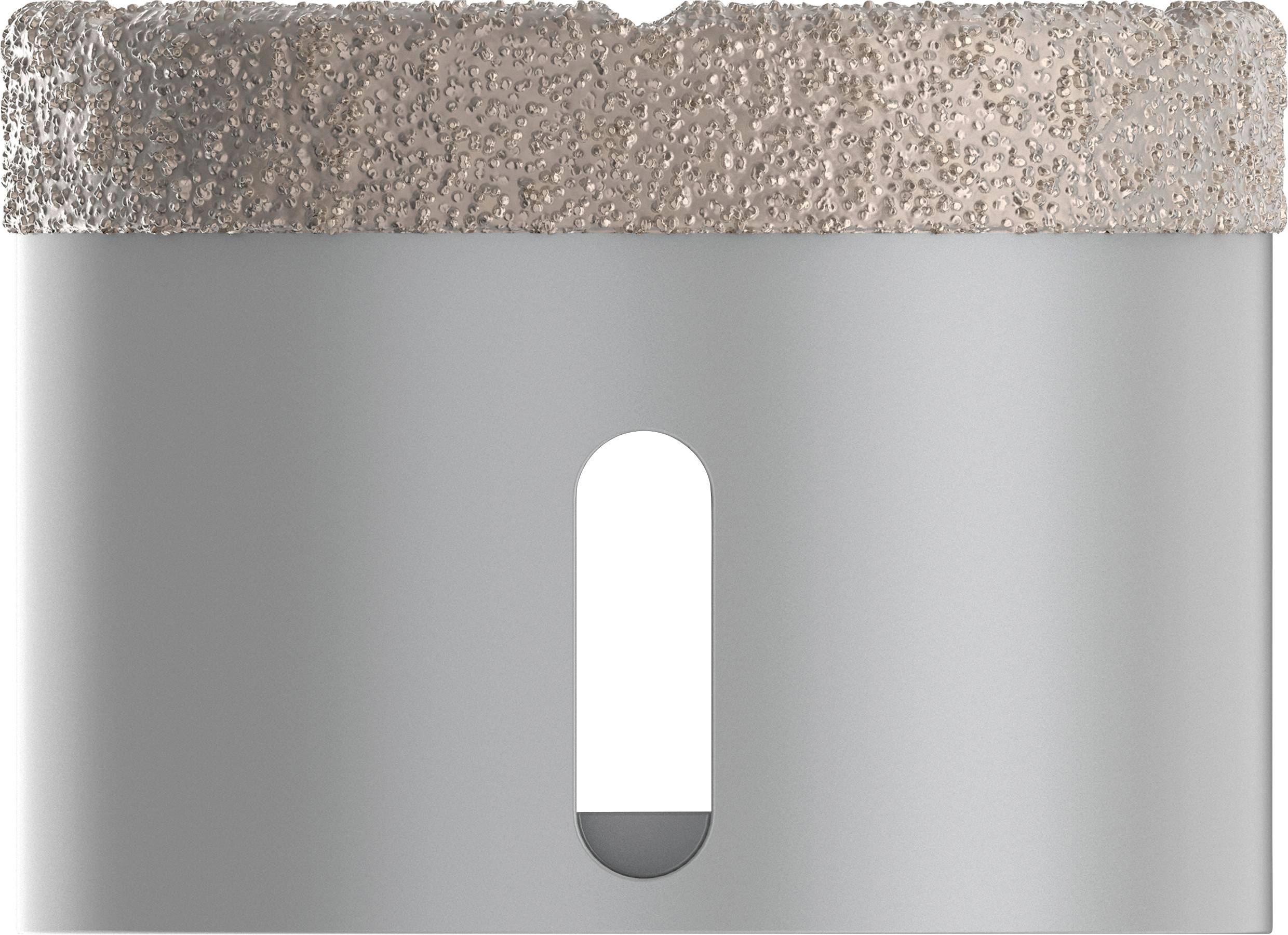 Nahaufnahme einer silbernen Bohrkrone mit diamantbeschichtetem Rand, geeignet für das Bohren in harte Materialien.