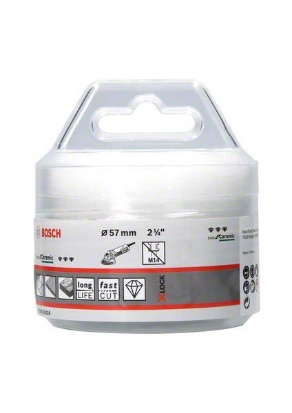 Bosch Lochsäge Ø 57 mm, geeignet für Material wie Fliesen und Keramik. Kennzeichnungen: langlebig, schneller Schnitt, X-LOCK System.