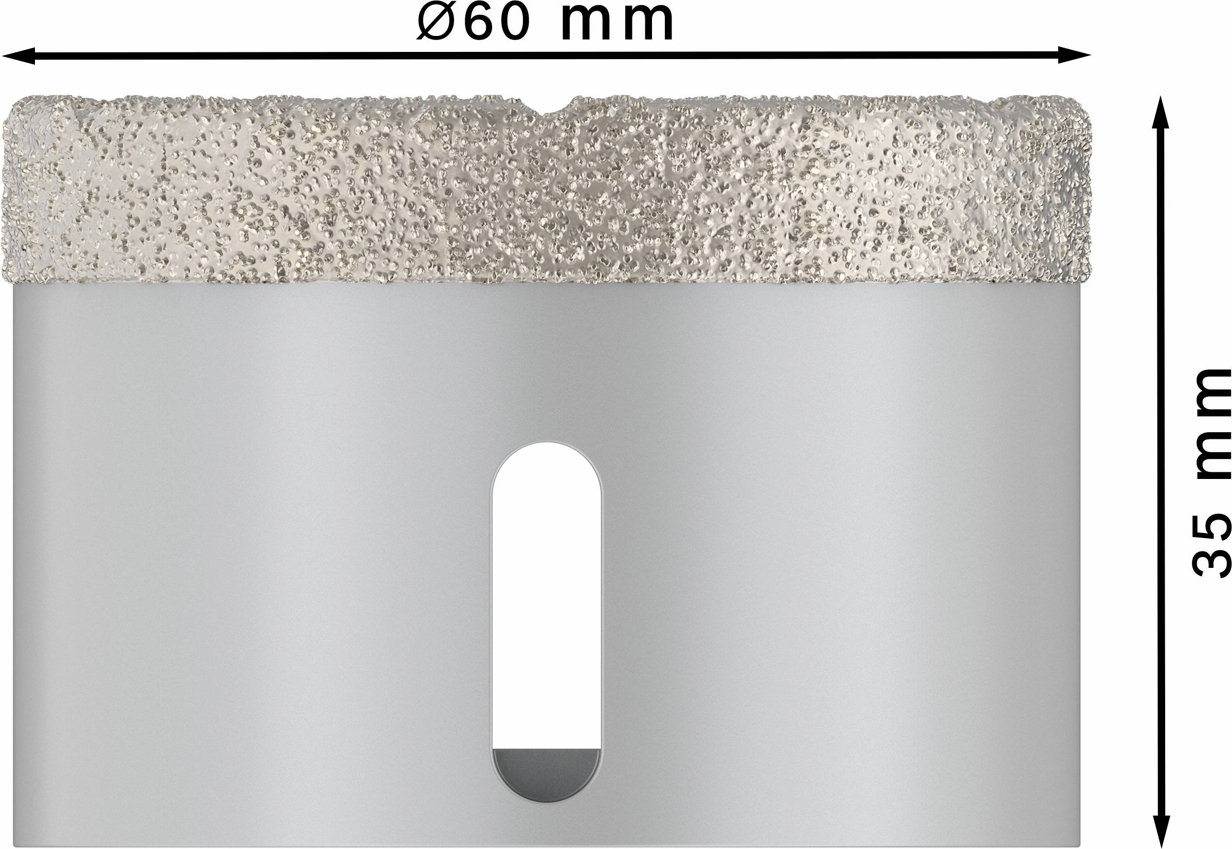 Kernbohrkrone mit einem Durchmesser von 60 mm und einer Höhe von 35 mm, geeignet für präzises Schneiden in harte Materialien.