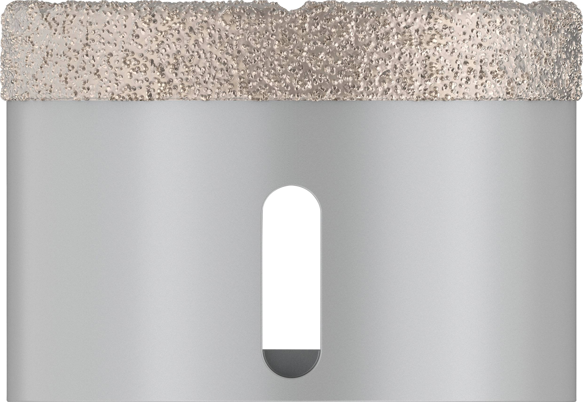 Ein silberner Metallbohrer mit grober diamantbeschichteter Schneidkante, Zylinderform und rechteckiger Öffnung unten.