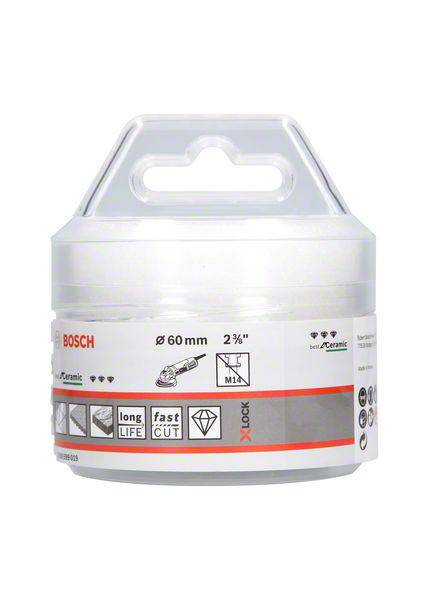 Eine Verpackung mit einem 60-mm-Lochsägeaufsatz für keramische Materialien. Enthält Symbole für Langlebigkeit und schnelles Schneiden.