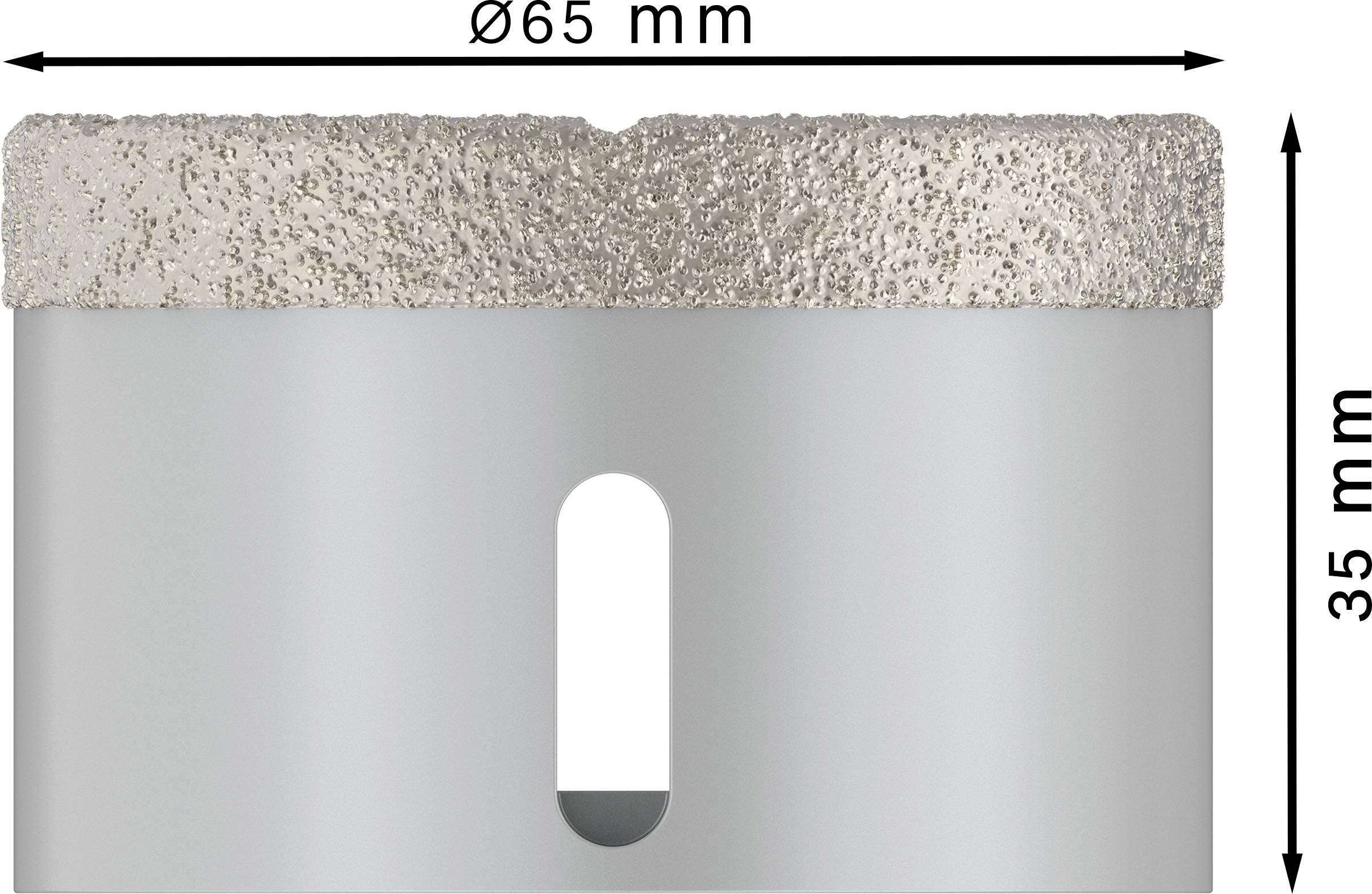 Diamantbohrkrone mit 65 mm Durchmesser und 35 mm Höhe, Silber mit rauem Rand, geeignet für präzises Bohren in harte Materialien.