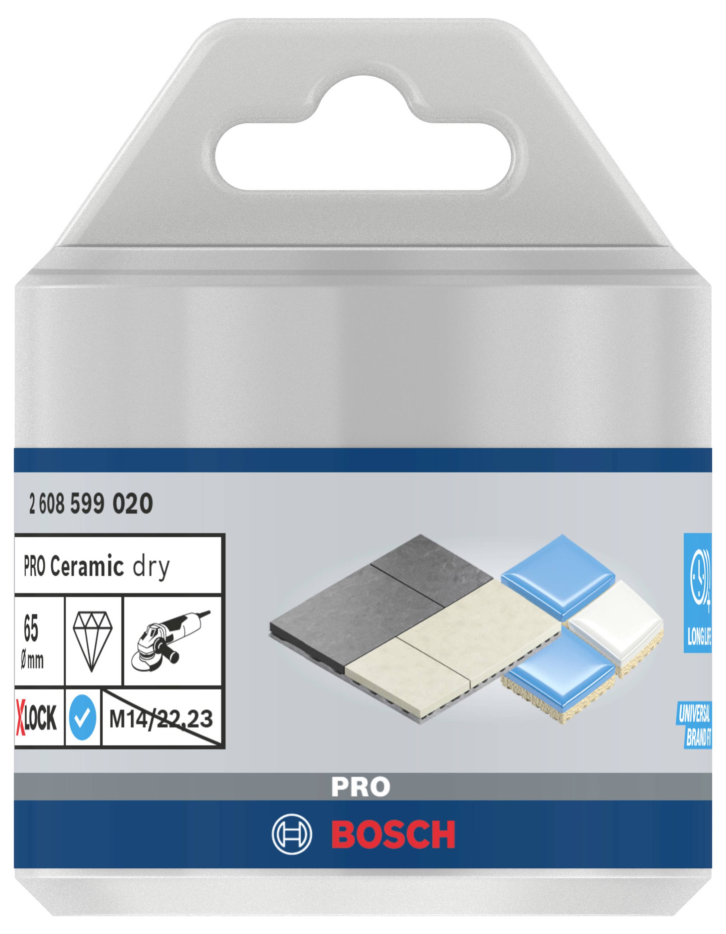 Verpackung eines Bosch PRO Keramikwerkzeugs mit Diamantsymbol, geeignet für 65-mm-Schnitte. Zeigt Fliesen als Anwendungsbeispiel.