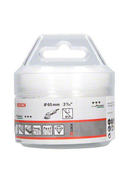 Eine runde Verpackung enthaltend Bosch-Keramikbohrer, geeignet für 65 mm Durchmesser und 2 ½ Zoll Größe, mit X-Lock System.