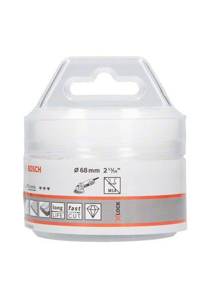 Weiße Kunststoffverpackung für Bosch-Keramiktrennscheibe. Aufdruck: Durchmesser 68 mm, Symbol für schnelle und langlebige Schnitte.
