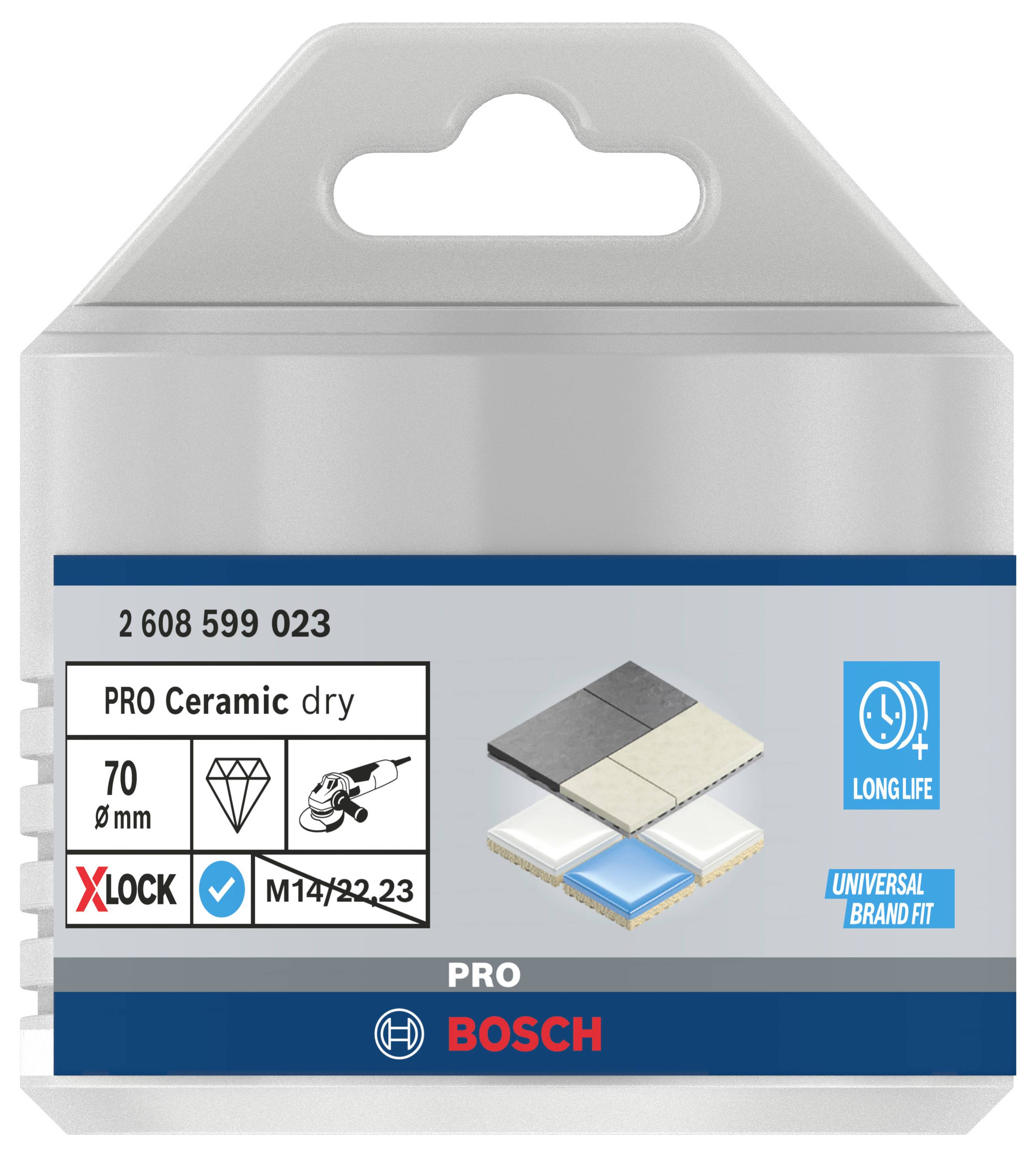 Verpackung für eine Bosch Pro-Keramikscheibe, Ø 70 mm, für Trockenanwendung. Geeignet für Fliesen. Enthält Symbole für Langlebigkeit und universelle Passform.